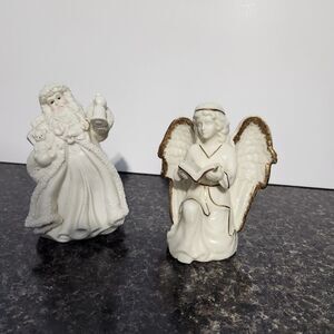 White Ceramic Angel w/Bible, Gold Trim + Santa has Bell, Bear 2 Figurines 6-5.5"